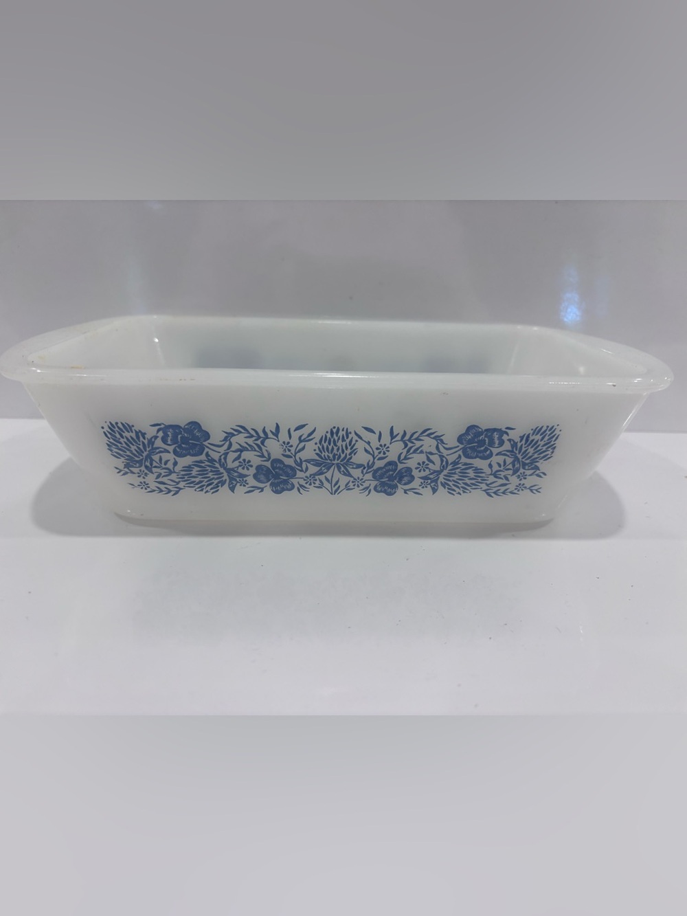 Vintage 1950's GLASBAKE Milk Glass LOAF PAN Blue Clover Floral Pattern U.S.A.